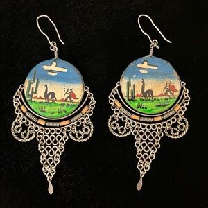 Vintage Hand Painted Chandelier Earrings with Llama Scene and Silver Metalwork